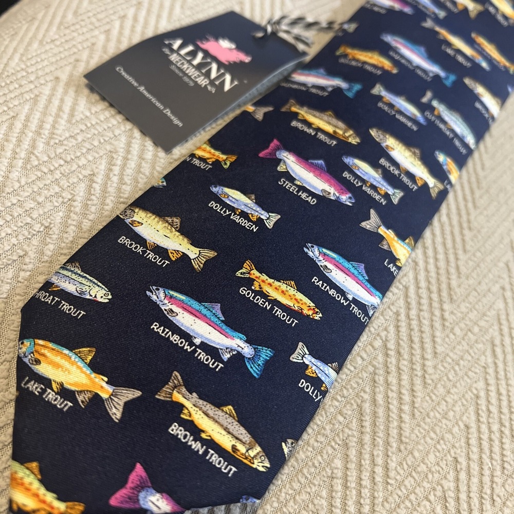 Alynn Neckwear Trout Family Tie NAVY/MULTICOLOR 3.25" X 58.5" BRAND NEW